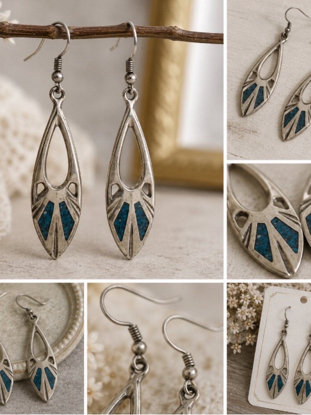 Beautiful Silver Teardrop Earrings with Turquoise Inlay